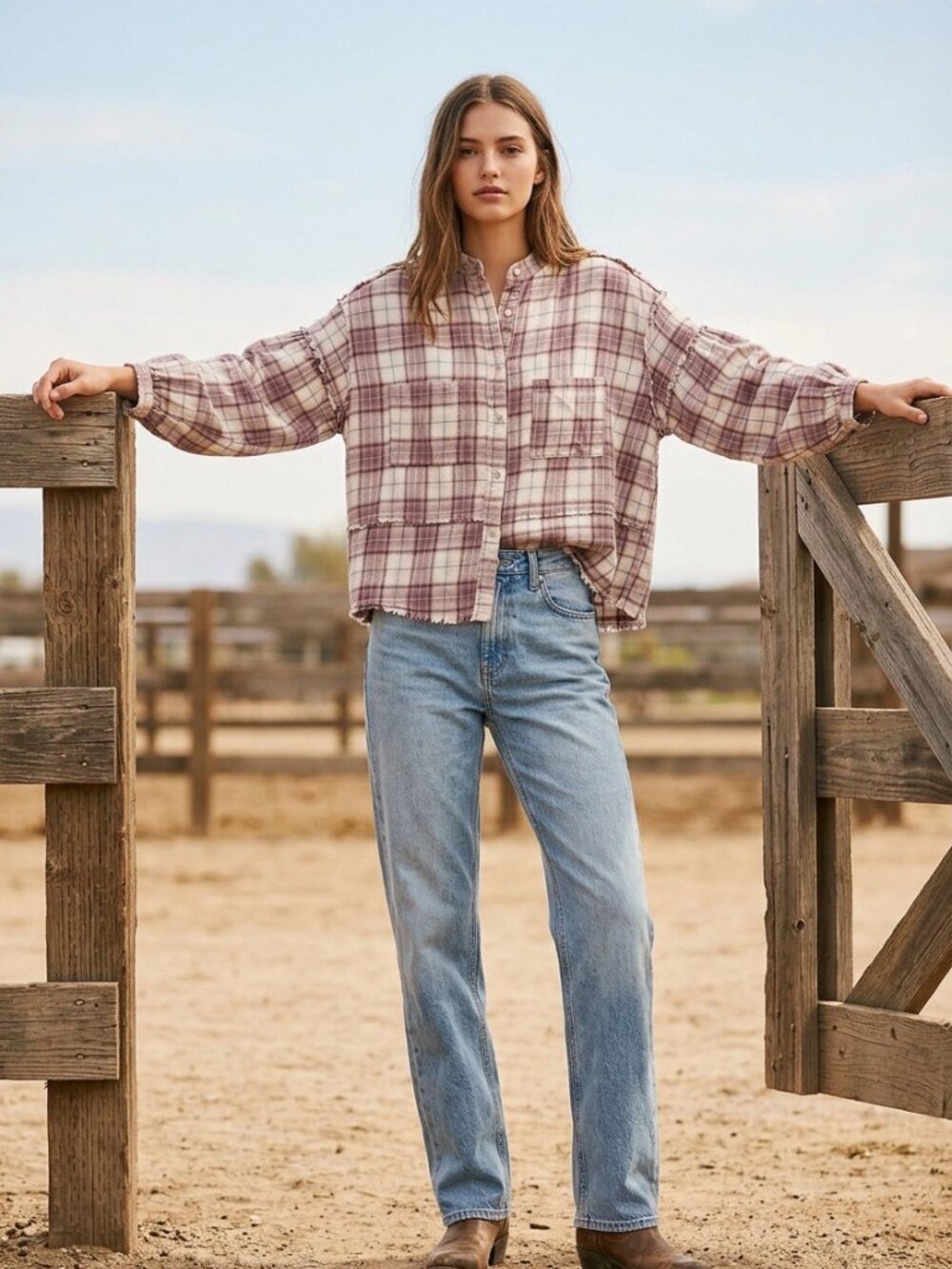 Easel Plaid Boxy Women Shirt Medium Puff Sleeve Fairy Grunge Boho Cotton Flannel